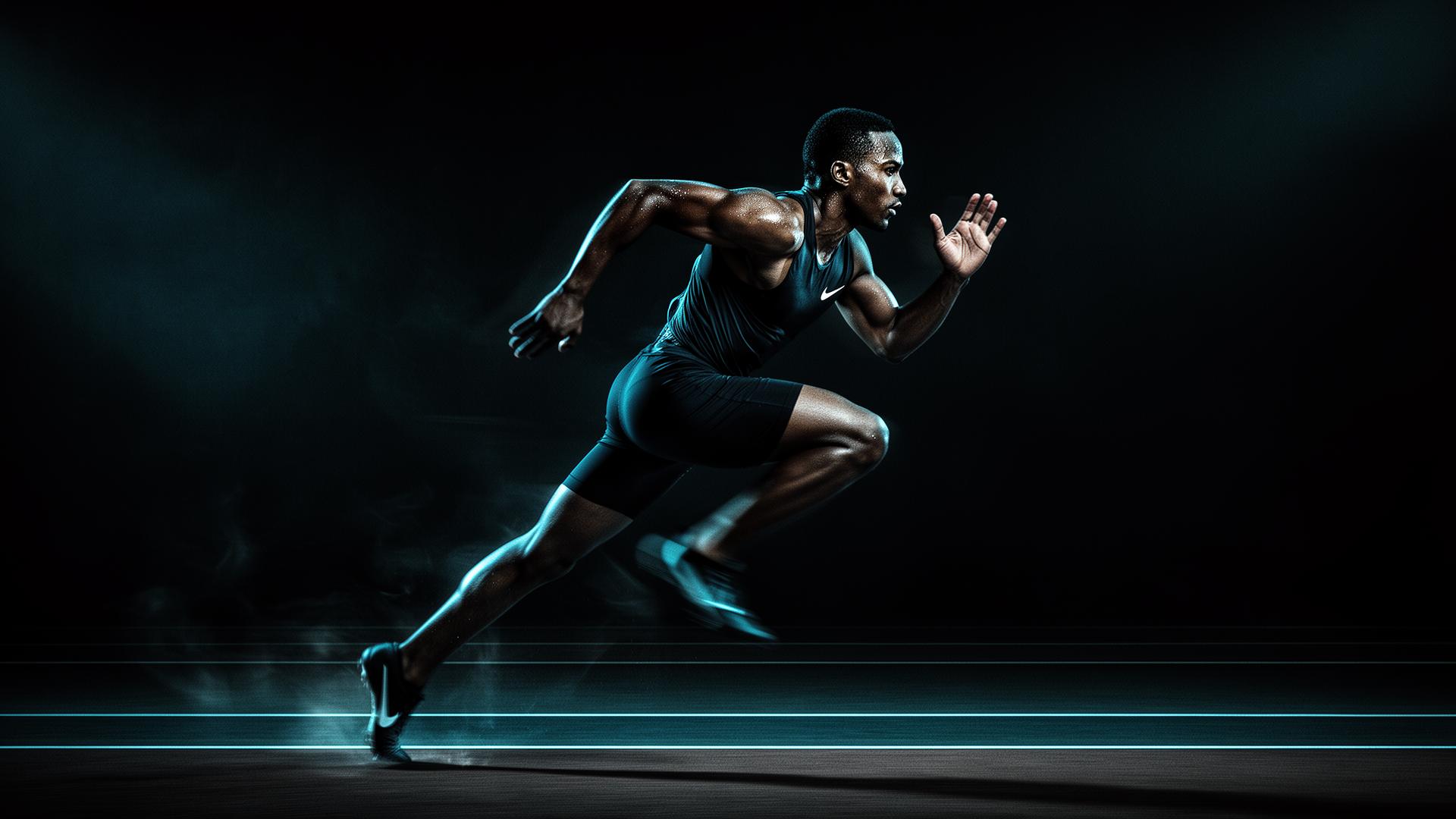 Elite athlete sprinting under electric blue lighting
